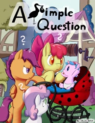 Size: 2100x2700 | Tagged: safe, artist:osakaoji, imported from derpibooru, apple bloom, scootaloo, sweetie belle, oc, pony, fanfic:a simple question, baby, baby carriage, baby pony, cover art, cutie mark crusaders, fanfic art, female, filly, foal, stork