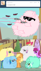 Size: 650x1125 | Tagged: safe, artist:mixermike622, imported from derpibooru, apple bloom, applejack, berry punch, berryshine, fluttershy, lyra heartstrings, rainbow dash, sweetie belle, oc, oc:fluffle puff, tumblr:ask fluffle puff, ask, comic, fluffy, the matrix, tumblr