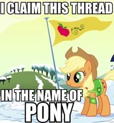 Size: 331x358 | Tagged: safe, edit, edited screencap, imported from derpibooru, screencap, applejack, pony, winter wrap up, clothes, cropped, female, flag, image macro, imperialism, solo, vest, winter wrap up vest