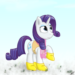 Size: 2000x2000 | Tagged: safe, artist:strachattack, imported from derpibooru, rarity, pony, unicorn, winter wrap up, animal team, boots, clothes, female, looking up, mare, raised hoof, scarf, shoes, snow, solo, vest, winter, winter wrap up vest