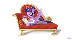 Size: 2560x1440 | Tagged: safe, artist:mysticalpha, imported from derpibooru, twilight sparkle, alicorn, pony, alternate hairstyle, clothes, couch, glasses, quill, stockings, tongue out, twilight sparkle (alicorn), wallpaper, writing