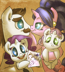 Size: 898x1000 | Tagged: safe, artist:atryl, imported from derpibooru, cookie crumbles, hondo flanks, rarity, sweetie belle, pony, baby, baby belle, baby pony, boop, carrying, cookieflanks, cute, diasweetes, drawing, earring, family, female, filly, filly rarity, foal, male, moustache, noseboop, nuzzling, raribetes, rarity's parents, spit bubble, stallion, younger