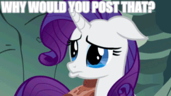 Size: 640x360 | Tagged: safe, edit, edited screencap, imported from derpibooru, screencap, rarity, pony, a dog and pony show, animated, eye shimmer, female, floppy ears, image macro, lip quiver, reaction image, solo, teary eyes