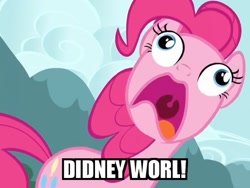 Size: 600x450 | Tagged: safe, edit, edited screencap, imported from derpibooru, screencap, pinkie pie, earth pony, pony, too many pinkie pies, clone, cropped, didney worl, female, image macro, mare, open mouth, pinkie clone, pinkie frogmouth, solo