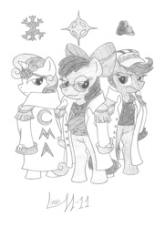 Size: 952x1315 | Tagged: safe, artist:limpurtikles, imported from derpibooru, apple bloom, scootaloo, sweetie belle, akainu, aokiji, borsalino, clothes, cosplay, costume, cutie mark crusaders, kizaru, kuzan, monochrome, one piece, parody, sakazuki (one piece), traditional art