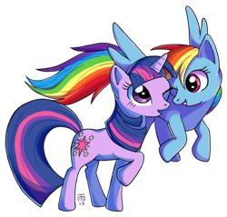 Size: 500x477 | Tagged: safe, artist:goddessoftherain, imported from derpibooru, rainbow dash, twilight sparkle, pegasus, pony, unicorn, female, flying, grin, looking at each other, mare, one hoof raised, raised hoof, shipping, simple background, smiling, transparent background, twidash, unicorn twilight, wink