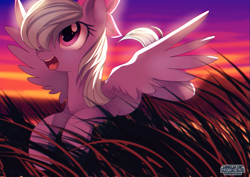 Size: 1415x999 | Tagged: safe, artist:si1vr, imported from derpibooru, flitter, pegasus, pony, chromatic aberration, commission, female, flying, grass, mare, open mouth, smiling, solo, spread wings, sunset, wings