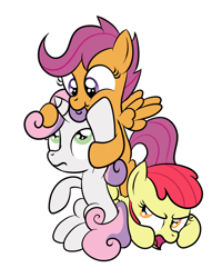 Size: 800x1000 | Tagged: safe, artist:newlunaticrepublic, imported from derpibooru, apple bloom, scootaloo, sweetie belle, apple bloom is not amused, cutie mark crusaders, nom, this will end in angry countryisms, tower of pony, unamused