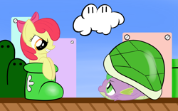 Size: 960x600 | Tagged: safe, artist:hip-indeed, imported from derpibooru, apple bloom, spike, crossover, evil, goomba's shoe, koopa shell, smirk, super mario bros., super mario bros. 3