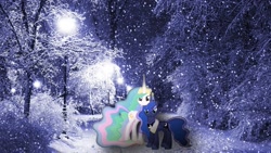 Size: 1920x1080 | Tagged: safe, artist:mr-kennedy92, imported from derpibooru, princess celestia, princess luna, lights, snow, snowfall, tree