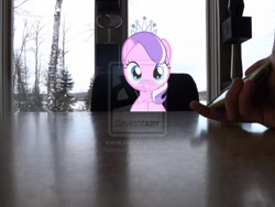 Size: 900x675 | Tagged: dead source, safe, artist:wolverscream05, imported from derpibooru, diamond tiara, human, chair, deviantart watermark, hand, ipod, obtrusive watermark, ponies in real life, table, watermark