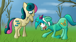 Size: 2555x1438 | Tagged: dead source, safe, artist:mostlyponyart, imported from derpibooru, bon bon, lyra heartstrings, sweetie drops, earth pony, pony, unicorn, blushing, female, heartwarming in hindsight, lesbian, lyrabon, marriage proposal, ring, shipping, wedding ring