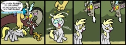 Size: 1000x355 | Tagged: safe, alternate version, artist:shuffle001, imported from derpibooru, derpy hooves, discord, pegasus, pony, comic, derpified, female, mare, open mouth, swirly eyes, tongue out