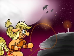 Size: 1024x768 | Tagged: safe, artist:shinkuma, imported from derpibooru, applejack, bat, pony, candle, castlevania, clothes, crossover, moon, simon belmont, whip