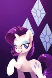 Size: 722x1086 | Tagged: dead source, safe, artist:feyrah, imported from derpibooru, rarity, pony, unicorn, cutie mark background, female, gradient background, head turn, lidded eyes, looking at you, looking sideways, raised hoof, smiling, solo, standing, turned head