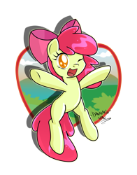 Size: 1957x2500 | Tagged: safe, artist:danmakuman, imported from derpibooru, apple bloom, earth pony, pony, adorabloom, bipedal, cute, female, filly, looking at you, one eye closed, signature, simple background, smiling, solo, transparent background, wink