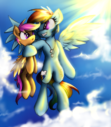 Size: 881x1000 | Tagged: safe, artist:kairaanix, imported from derpibooru, rainbow dash, scootaloo, pegasus, pony, both cutie marks, chains, cloud, cloudy, duo, duo female, female, filly, flying, jewelry, mare, necklace, scootaloo can fly, scootalove, sky, wings