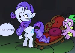 Size: 1280x909 | Tagged: safe, artist:ceberog, imported from derpibooru, rarity, spike, couch, fainting couch, marshmelodrama, the horror