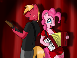 Size: 1280x977 | Tagged: safe, artist:devs-iratvs, imported from derpibooru, big macintosh, pinkie pie, anthro, accordion, guitar, musical instrument