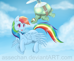 Size: 2400x2000 | Tagged: safe, artist:assechan, imported from derpibooru, rainbow dash, tank, blushing, cheek fluff, chest fluff, cute, dashabetes, duo, ear fluff, flying, high res, open mouth, sky