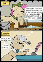 Size: 400x576 | Tagged: safe, artist:owlor, imported from derpibooru, mayor mare, bed, bucket, cleaning, comic, desk, from the desk of mayor mare, humor, military, non-dyed mayor, parchment, quill, scrubbing, soap