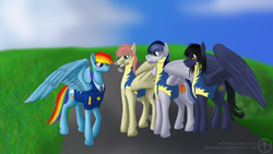 Size: 1600x900 | Tagged: safe, artist:adalbertus, imported from derpibooru, rainbow dash, oc, oc:lemur, oc:linds, oc:stardust mach, wonderbolts