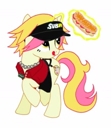 Size: 1617x1856 | Tagged: safe, artist:peachpalette, imported from derpibooru, oc, oc only, oc:peach palette, pony, clothes, fast food, food, magic, solo, subway, uniform, working