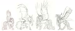 Size: 1600x678 | Tagged: safe, artist:earthsong9405, imported from derpibooru, princess cadance, princess celestia, princess luna, queen chrysalis, alicorn, pony, alicorn triarchy, curved horn, monochrome