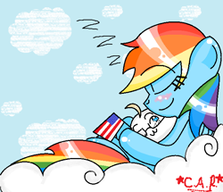 Size: 630x543 | Tagged: safe, artist:hippieunicornflower, imported from derpibooru, rainbow dash, pegasus, pony, cloud, cute, dashabetes, flag, hetalia, mochi, onomatopoeia, sleeping, solo, sound effects, united states, zzz