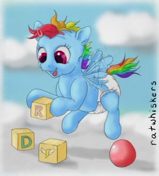 Size: 850x943 | Tagged: safe, artist:ratwhiskers, imported from derpibooru, rainbow dash, pony, baby, cute, diaper, female, filly, filly rainbow dash, foal, solo