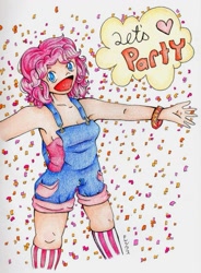 Size: 613x833 | Tagged: safe, artist:kittynii, imported from derpibooru, pinkie pie, human, humanized, overalls, solo