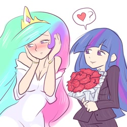 Size: 800x800 | Tagged: artist needed, source needed, safe, imported from derpibooru, princess celestia, twilight sparkle, human, blushing, cute, cutelestia, duo, female, flower, humanized, lesbian, shipping, twilestia