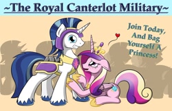 Size: 1275x825 | Tagged: safe, artist:firebrandkun, imported from derpibooru, princess cadance, shining armor, alicorn, unicorn, blushing, female, heart, male, mare, military, poster, propaganda, recruitment poster, shiningcadance, shipping, smiling, stallion, straight