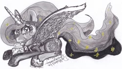 Size: 920x520 | Tagged: safe, artist:dshooves, imported from derpibooru, princess luna, cake, companion cube, eating, portal, prone