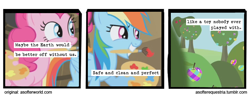 Size: 720x275 | Tagged: safe, artist:asofterequestria, imported from derpibooru, pinkie pie, rainbow dash, comic:a softer equestria, griffon the brush off, a softer world, apple, color, comic, duo, food, prank, sweet apple acres