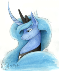 Size: 1249x1500 | Tagged: safe, artist:aeritus, imported from derpibooru, princess luna, pony, curved horn, female, portrait, solo