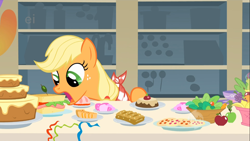 Size: 1366x768 | Tagged: safe, imported from derpibooru, screencap, applejack, pony, a bird in the hoof, apple, cake, eating, female, food, sandwich, solo