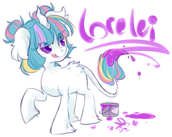 Size: 1071x851 | Tagged: safe, artist:clovercoin, artist:starlightlore, imported from derpibooru, oc, oc only, oc:lorelei, classical unicorn, pony, leonine tail, paint, prehensile tail, solo, writing