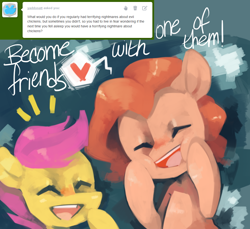 Size: 1040x954 | Tagged: dead source, safe, artist:dhui, imported from derpibooru, pinkie pie, scootaloo, tired pie