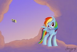 Size: 2046x1381 | Tagged: safe, artist:familyof6, imported from derpibooru, derpy hooves, rainbow dash, pegasus, pony, cloud, cloudy, female, flying, mare