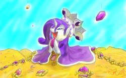 Size: 1280x800 | Tagged: safe, artist:reginart-renart, imported from derpibooru, princess platinum, rarity, pony, bits, female, gameloft, gem, gold, happy, pile, solo