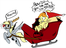 Size: 1236x900 | Tagged: safe, artist:php27, imported from derpibooru, carrot top, derpy hooves, golden harvest, reindeer, antlers, bag, christmas, duo, hat, rudolph the red nosed reindeer, santa claus, santa hat, sleigh, speech bubble