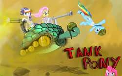 Size: 900x560 | Tagged: safe, artist:hereticofdune, imported from derpibooru, fluttershy, pinkie pie, rainbow dash, rarity, tank, bandage, glare, gritted teeth, gun, helmet, looking at you, minigun, pet, smiling, tank (vehicle), wat, weapon