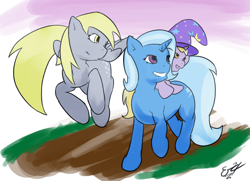 Size: 1500x1086 | Tagged: safe, artist:remenbrand, imported from derpibooru, derpy hooves, dinky hooves, trixie, pegasus, pony, daughter, female, lesbian, mare, mother, shipping, tripy