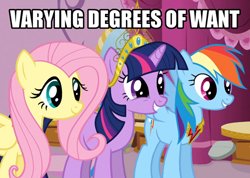 Size: 500x356 | Tagged: safe, imported from derpibooru, fluttershy, rainbow dash, twilight sparkle, big crown thingy, image macro, reaction image, varying degrees of want