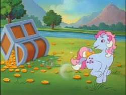 Size: 640x480 | Tagged: safe, imported from derpibooru, screencap, sweet stuff, twinkle eyed pony, my little pony 'n friends, bubble, buck, bucking, coin, g1, magic coins, treasure chest