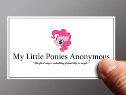 Size: 800x600 | Tagged: dead source, safe, imported from derpibooru, pinkie pie, earth pony, pony, alcoholics anonymous, card, female, finger, mare, open mouth, smiling, solo, text