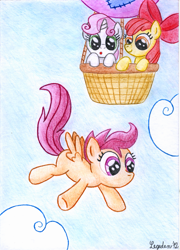 Size: 1249x1738 | Tagged: safe, artist:legeden, imported from derpibooru, apple bloom, scootaloo, sweetie belle, balloon, cutie mark crusaders, falling, hot air balloon, scootaloo can't fly, this will end in tears, this will end in tears and/or death, this will end in tears and/or death and/or covered in tree sap, tree sap and pine needles