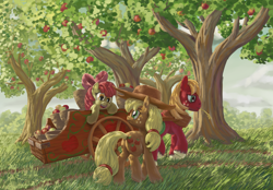 Size: 4000x2777 | Tagged: safe, artist:morevespenegas, imported from derpibooru, apple bloom, applejack, big macintosh, earth pony, pony, apple, apple orchard, apple siblings, apple tree, cart, male, orchard, stallion, tree