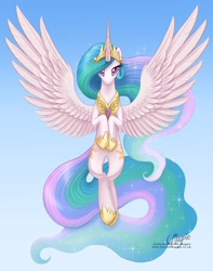 Size: 1080x1368 | Tagged: dead source, safe, artist:laurenmagpie, imported from derpibooru, princess celestia, alicorn, pony, collar, crown, female, flying, gradient background, hoof shoes, jewelry, looking at you, mare, necklace, regalia, solo, spread wings, tiara, wings